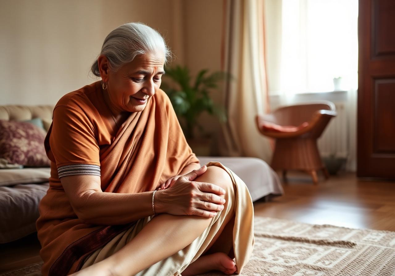 Elderly person using Ayurvedic pain relief oil for knee and joint pain